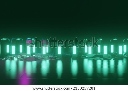 3d render, glowing lines, tunnel, neon lights, virtual reality, abstract background, square portal, arch, pink blue spectrum vibrant colors, laser show