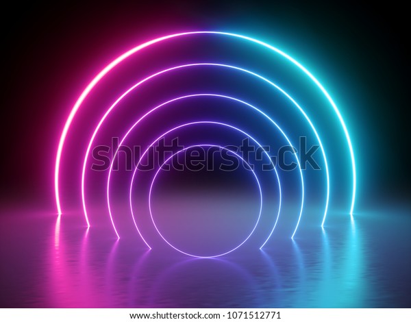 3d render, glowing lines, tunnel, neon
lights, virtual reality, abstract background, round portal, arch,
pink blue spectrum vibrant colors, laser
show