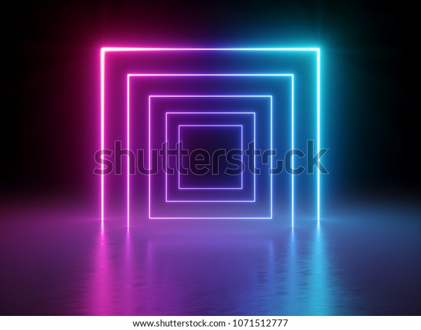 3d render, glowing lines,\
tunnel, neon lights, virtual reality, abstract background, square\
portal, arch, pink blue spectrum vibrant colors, laser\
show