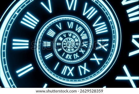 3D render of a glowing neon clock face in an infinite spiral background. Futuristic sci-fi concept symbolizing time travel and digital infinity.