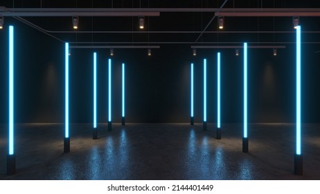 3D render Glowing neon light on floor reflection for future premium product or technology