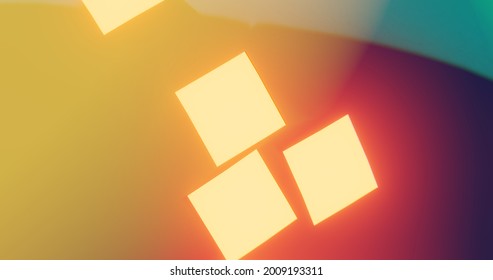 3d render with glowing orange rectangles on blurred yellow, purple and blue background
