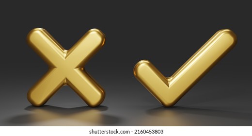3D render gold Checkmark and X mark icon set on black background. Checkmark right symbol, tick sign. check and uncheck for web and mobile apps. 3D rendering illustration.