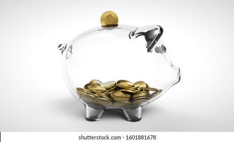 3d Render Of Gold Coin Falling Into A Glass Piggy Bank. A See Through Piggy Bank With Money Coins On White Background. Empty Transparent Piggy Bank, Concept Of Saving Money. Pig Money Box Icon.