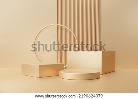 3D render gold color background with geometric shapes, pedestal empty on three floors, circle and square wall shape, gradient from small to large, platform podium composition, product presentation