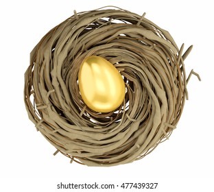 3d Render, Gold Egg In The Nest, Isolated On White