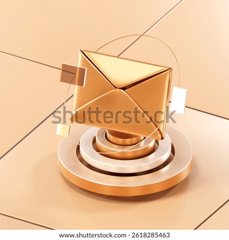 3D render of a gold envelope icon in a metallic digital space. Represents email communication, messages, and digital correspondence.