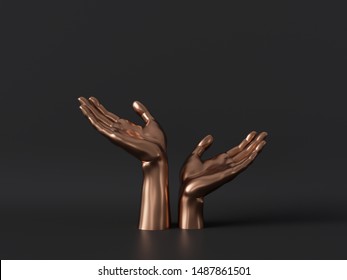 3d render, gold female mannequin hands isolated on black background, body parts, fashion concept, religious prayer, sacred ritual, holding gesture, clean minimal design, blank space