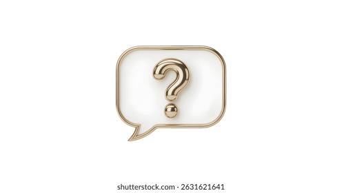 3D render of a gold question mark in a white speech bubble with a gold border. Perfect for FAQ pages or help sections.
