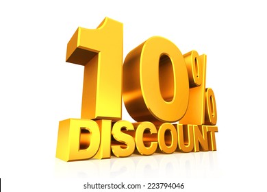 3D render gold text 10 percent discount on white background with reflection.