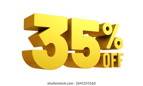 3D render gold text 35 percent off isolated on white background. Yellow Off 35 percent. Sale, bonus, promotion or discount concept. Sale banner.
