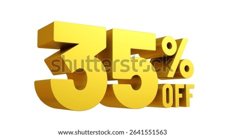 3D render gold text 35 percent off isolated on white background. Yellow Off 35 percent. Sale, bonus, promotion or discount concept. Sale banner.