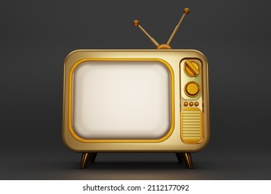 3D render gold Vintage Television cartoon style isolate on dark background. Minimal Retro telly. Golden analog television with copy space.  Old TV set with antenna. 3d rendering illustration. - Powered by Shutterstock