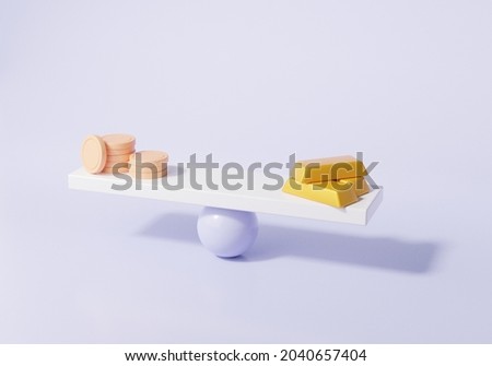 3D render goldbar vs coins money balance. scales concept. compare price finance business investment eduacation with cartoon minimal style on sky blue background. illustration