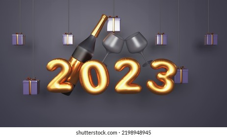 3D Render Of Golden Balloon 2023 Number With Champagne Bottle, Toast Glasses And Gift Boxes Hang On Gray Background.