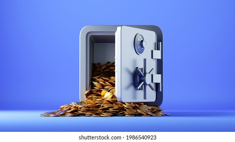 3 d rendimientos, monedas de oro con el símbolo de bitcoin caen en la caja de seguridad abierta. Concepto de protección contra criptodivisa