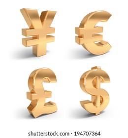 3d Render Golden Currency Symbols On The White Background.