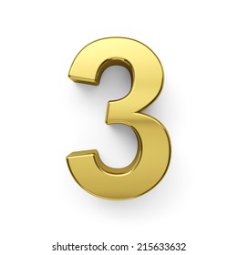 3d render of golden digit three symbol - 3. Isolated on white background