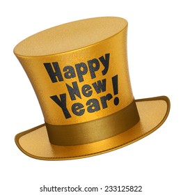 3D render of a golden Happy New Year top hat with shiny metallic flakes style surface - isolated on white background