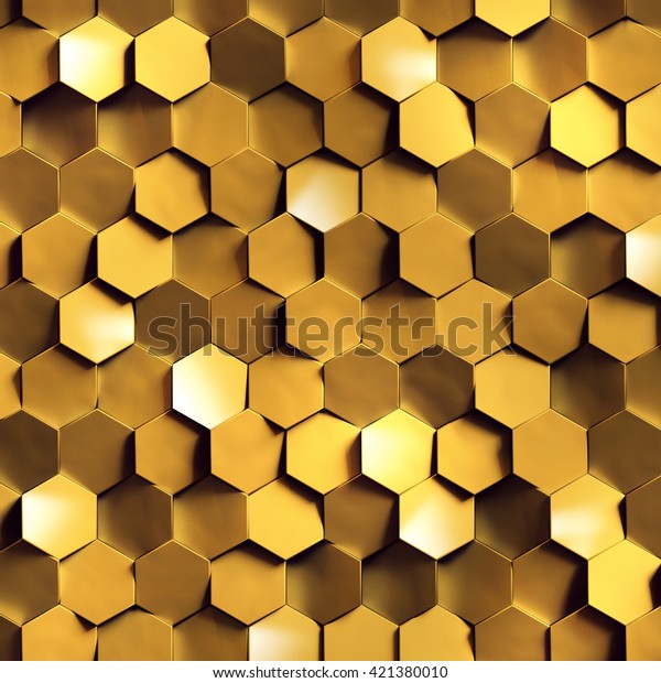 3dレンダリング 金色のハニカム壁テクスチャ 金色の六角クラスタのデジタルイラスト 抽象的な幾何学的な背景 のイラスト素材