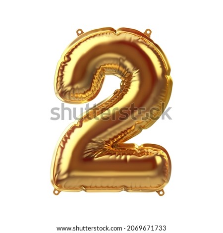 3D Render of Golden inflatable foil balloon two figure. Party decoration element 2. Yellow number isolated on white background. New year celebration postcard part. Graphic element sign for Xmas design