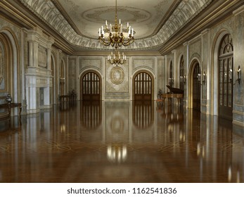 3d render of a golden luxury palace interior decorated with white marble and golden decor