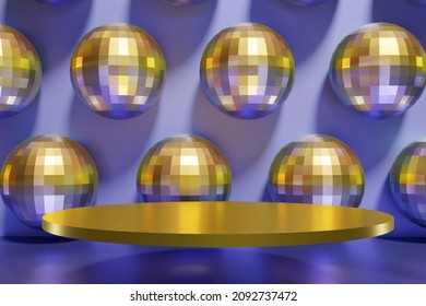 3d render of golden podium festive shiny dico balls pattern with a violet color of the year 2022 banner