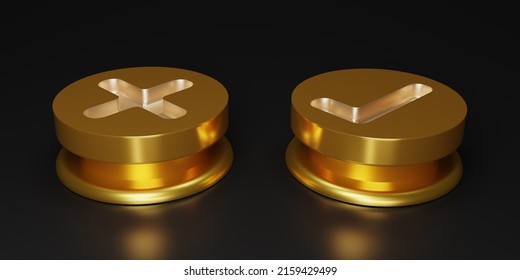 3D render golden right or wrong button isolate on black background. Gold button. Checkmark and X mark icon set. Checkmark right symbol, tick sign. 3D rendering illustration.
