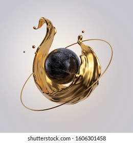 3d Render. Golden Splash, Splashing Wave, Liquid Gold, Black Marble Ball. Flying Objects Isolated On White Background. Abstract Geometrical Design. Fashion Concept. Modern Minimal Style.