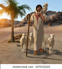 3D render of the good shepherd taking care of his sheep in a desert oasis