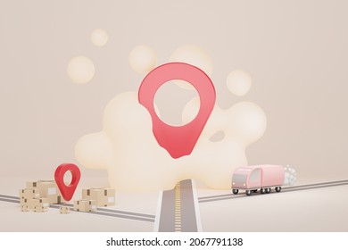 3d render of GPS locate mark icon and map surround with cardboard parcel box and road. Navigation concept.