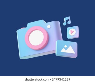 3d render of gradient creative content creator with camera image and music note video illustration icon for UI UX web social media apps ads design