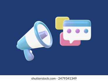 3d render of gradient loudspeaker or megaphone for public speaking with speech bubble illustration icon for UI UX web social media apps ads design