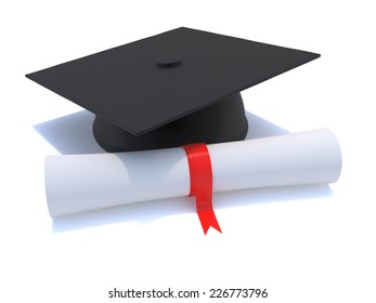 3d Render Of A Graduates Mortar Board Resting Next To A Diploma