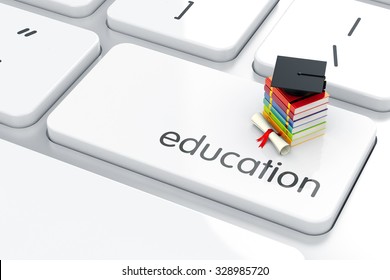 3d render of graduation cap with books icon on the keyboard. Education concept - Powered by Shutterstock