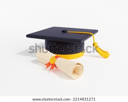 3d render graduation cap with diploma certificate scroll. University, college or high school education concept with student alumni academic bachelor hat, isolated Illustration in. 3D Illustration