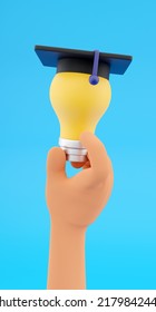 3d Render Graduation Cap. 3d Render Hand Holding Light Bulb With Cap. 3d Rendering Yellow Light Bulb Illustration.