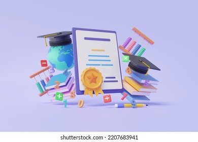 3D render graduation certificate diploma concept with graduation cap and book floating on pastel background quality courses exam education information warranty knowledge document assurance guarantee. - Powered by Shutterstock