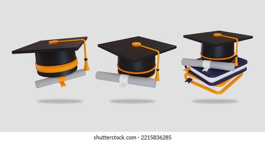 3d render graduation hat with book and certificate icon isolated