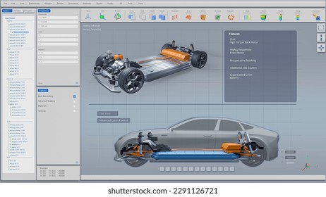3D Render: Graphics Visualization with Electric Car Prototype Being Developed in CAD Software. Detailed Illustration of Powerful Concept Vehicle Design. Mock-up VFX Template for Digital Displays.
