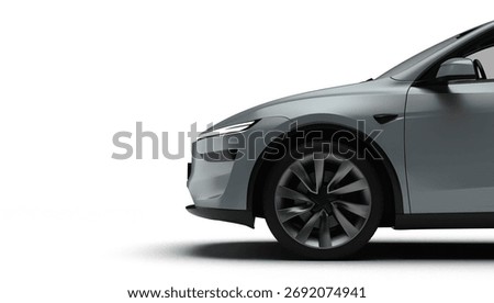 3D Render of a gray colored modern electric car, left front half view, white background.