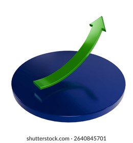 3d render of green arrow rising on blue podium isolated on white background. stock market business profit increase concept