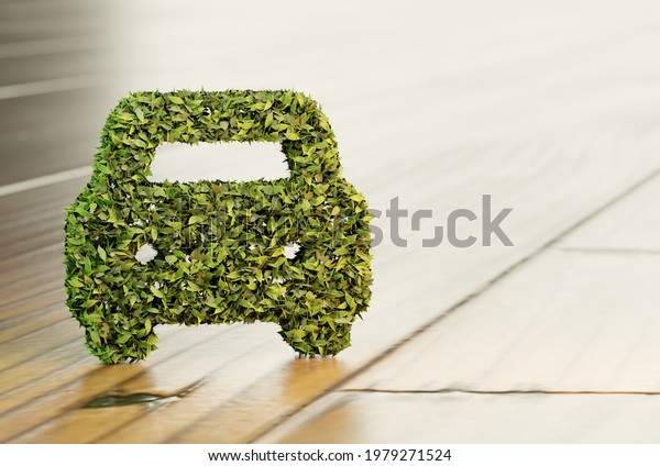 3D render of a\
green car silhouette made of leaves on a wooden floor.\
Conceptualization of sustainable transport, e-mobility and electric\
cars that are good for the\
environment