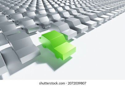 3D render of a green car standing out among gray ones. Conceptualization of sustainability, green cars and standing out as an individual and being different