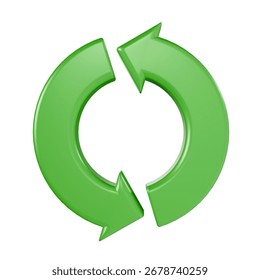 3D render green circular arrow icon symbolizing refresh, reload, update, recycle, and sustainability, for business or technology design