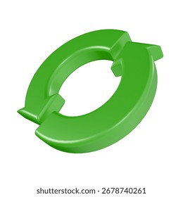 3D render green circular arrow icon symbolizing refresh, reload, update, recycle, and sustainability, for business or technology design