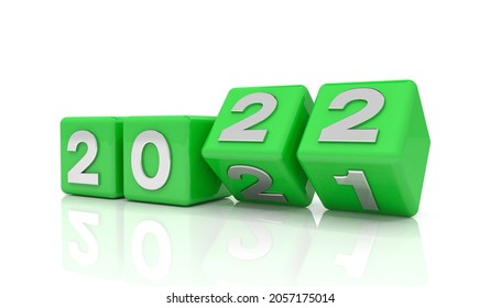3d render of green cubes with 2021 - 22 over white background - represents the new year 2022