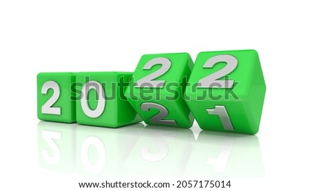 3d render of green cubes with 2021 - 22 over white background - represents the new year 2022