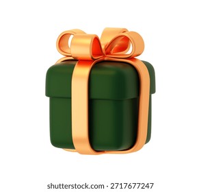 3d render green gift box with orange gold ribbon bow isolated for christmas birthday celebration and holiday surprise present