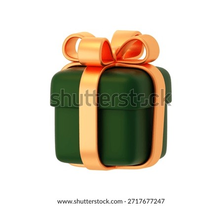 3d render green gift box with orange gold ribbon bow isolated for christmas birthday celebration and holiday surprise present